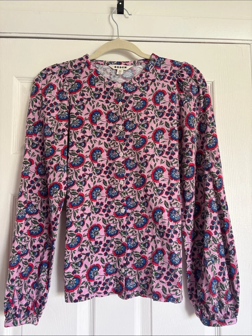 Boden Pink Floral Long-Sleeve Top with Blue & Green Accents
